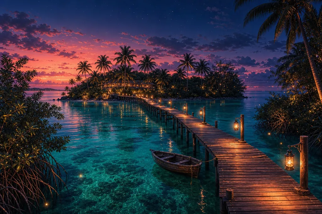Original illustration: a hidden lagoon with a dock and lanterns