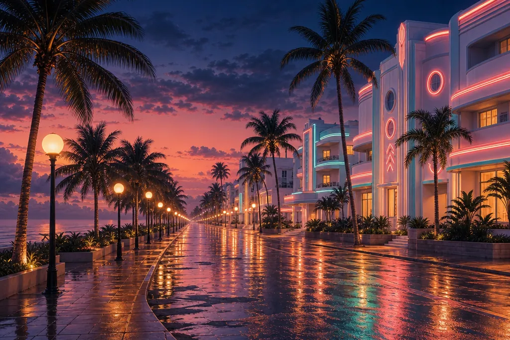 Original illustration: an Art Deco boulevard after the rain with palm trees and neon lines