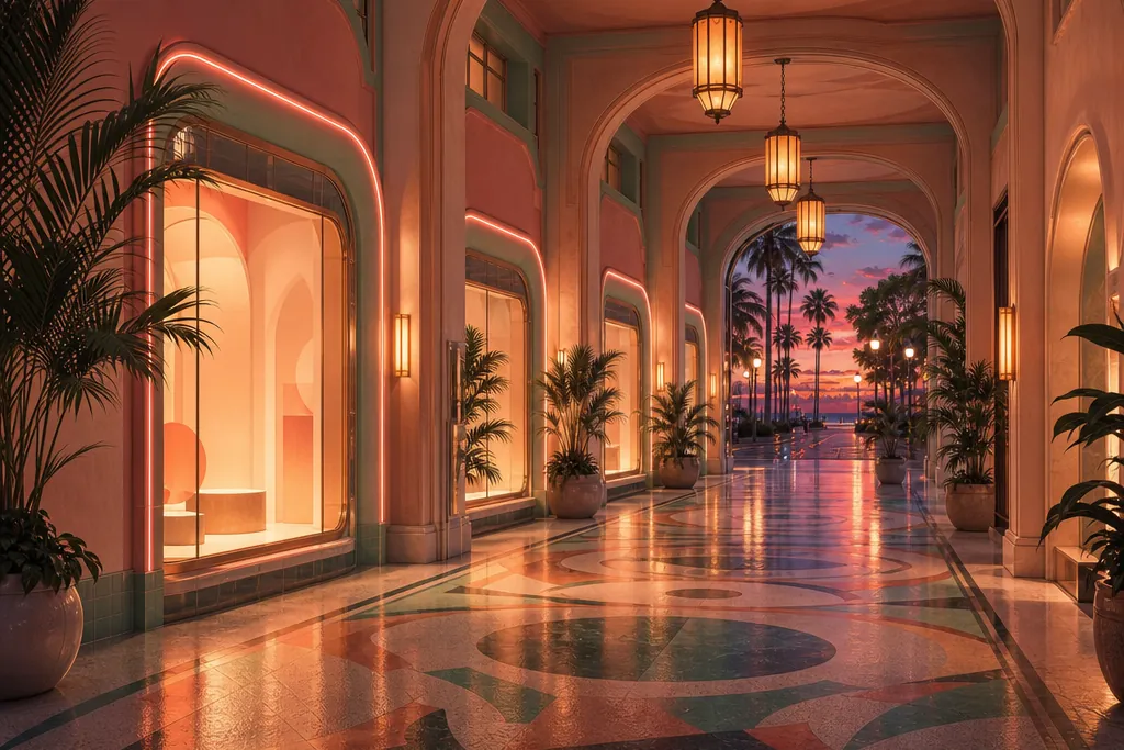 Original illustration: an Art Deco arcade at dusk with lanterns and palm trees