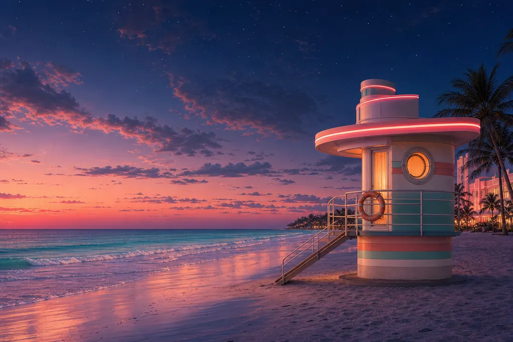 Original illustration: an Art Deco lifeguard tower on a beach in the evening light