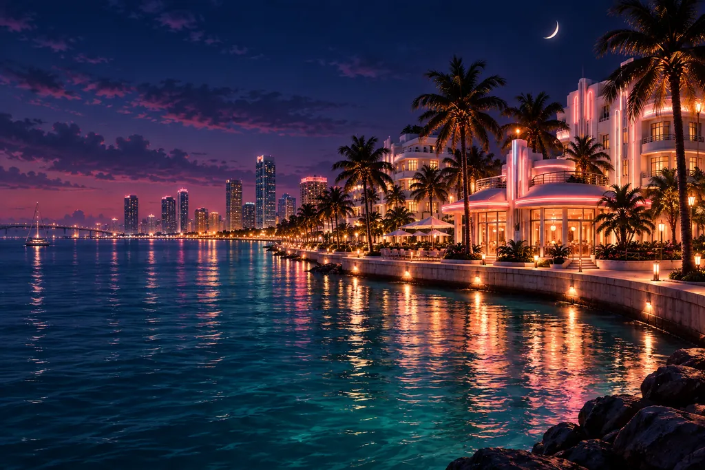 Original illustration: a waterfront promenade at night with an Art Deco pavilion and palm trees