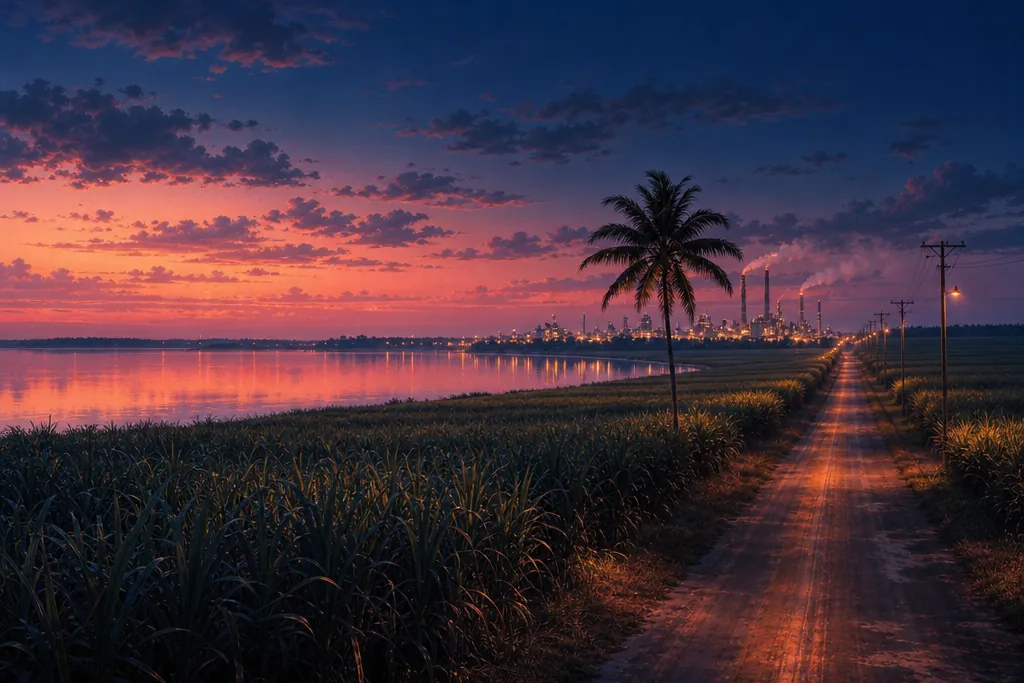 Original illustration: sugarcane fields by the lake, a refinery with steam on the horizon