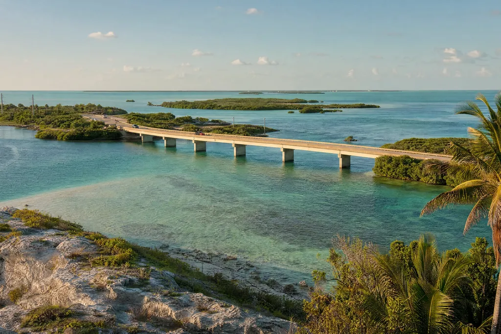 Original illustration: a bridge over turquoise water between flat islands
