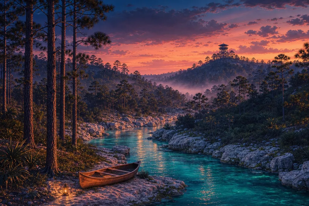 Original illustration: pine forest in fog, a turquoise spring river with a canoe, a fire lookout tower on the hill