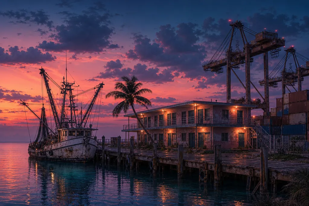 Original illustration: a faded Gulf harbor with a motel, a shrimp boat and container cranes