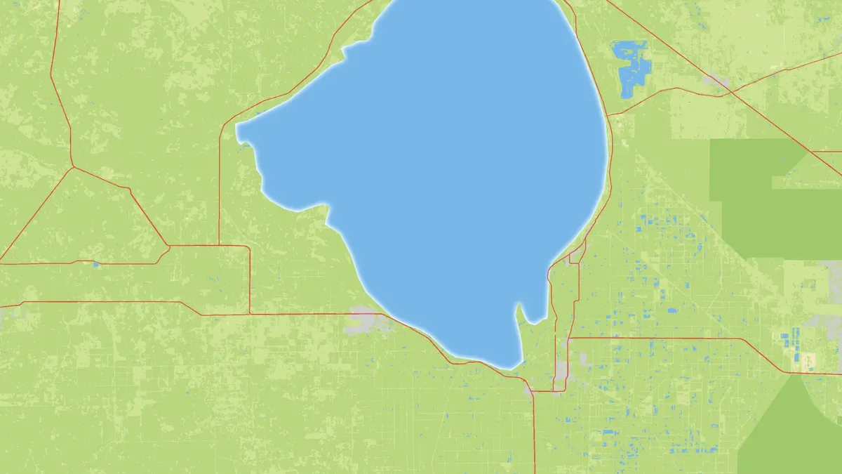 Atlas-style preview map: Lake Okeechobee with roads, small towns and fields all around