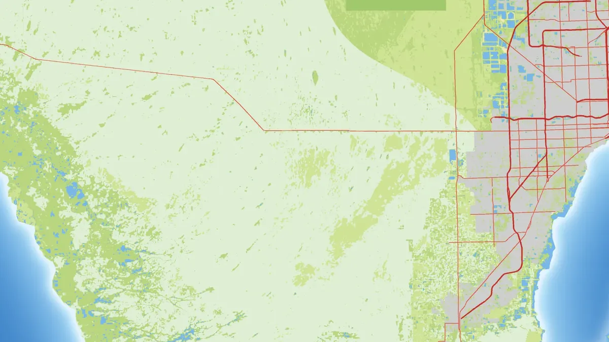 Atlas-style preview map: the wide wetlands of the real Everglades, a road cutting straight through, the edge of Miami on the right