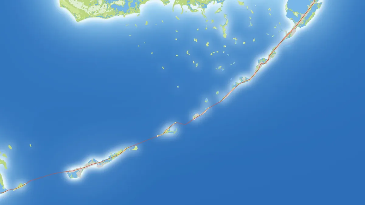 Atlas-style preview map: the island chain of the real Florida Keys from the Seven Mile Bridge to Key Largo, linked by the Overseas Highway