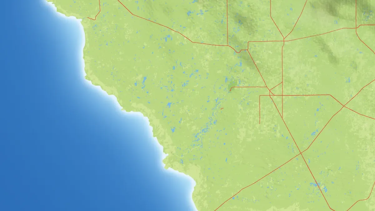 Atlas-style preview map: the Gulf Coast in the northwest of the map with country roads, lakes and hills inland